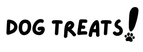 Text 'DOG TREATS!' with a paw print on a white background